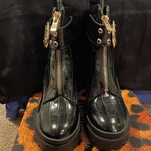 Platform Block Heeled Black Ankle Boots.